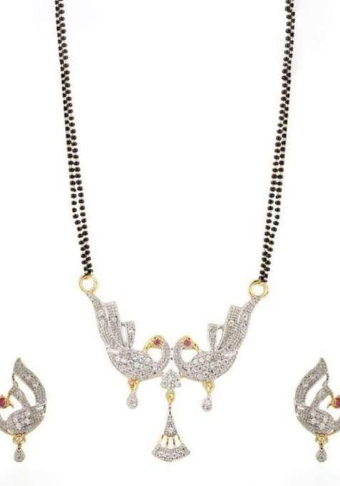 Black Beaded Gold Plated Mangalsutra With Earrings