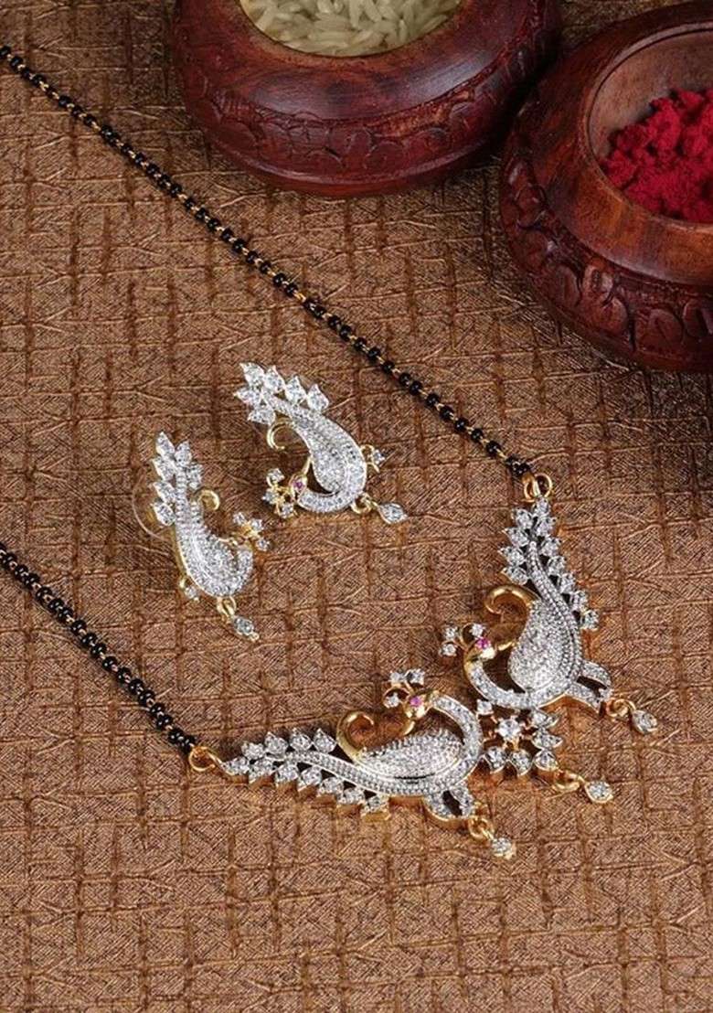 Gold Beaded Gold Plated Mangalsutra With Earrings - Indya