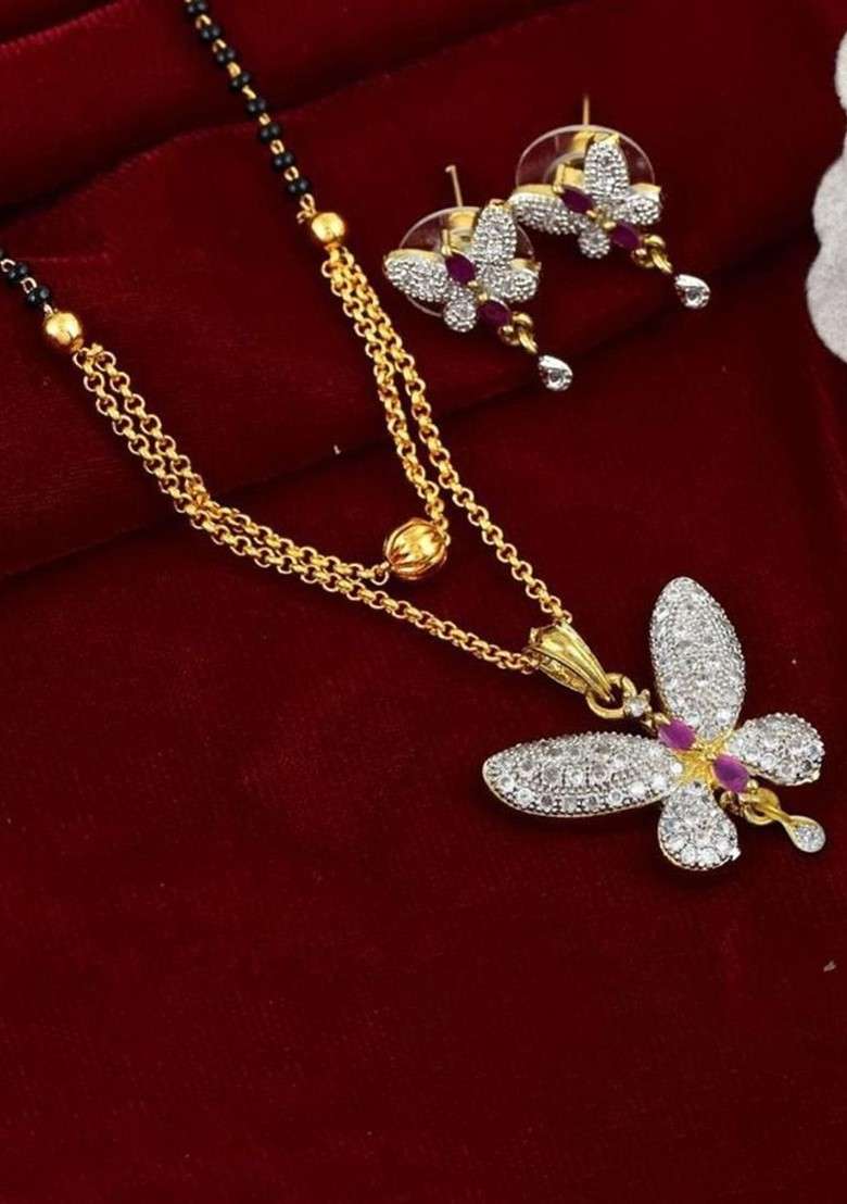 Gold Beaded Gold Plated Mangalsutra With Earrings - Indya