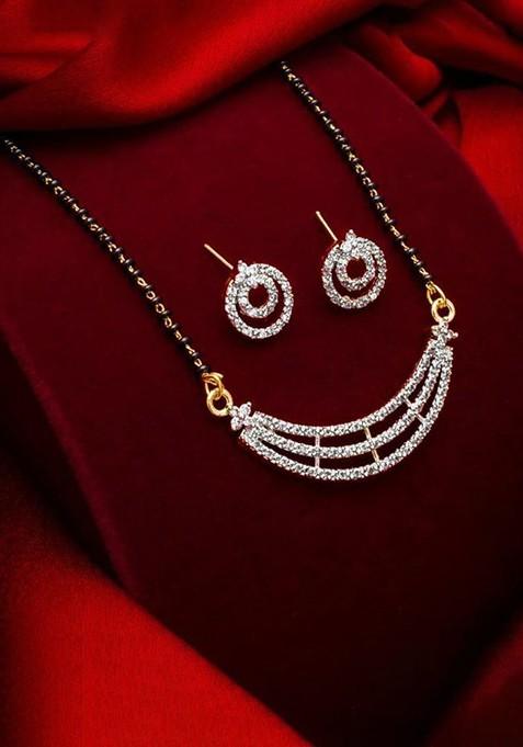 Silver Beaded Gold Plated Mangalsutra With Earrings