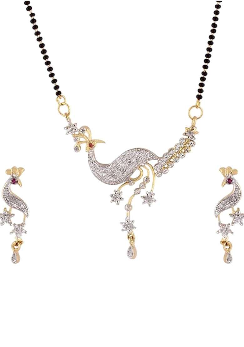 Gold Stone Studded Gold Plated Mangalsutra With Earrings - Indya