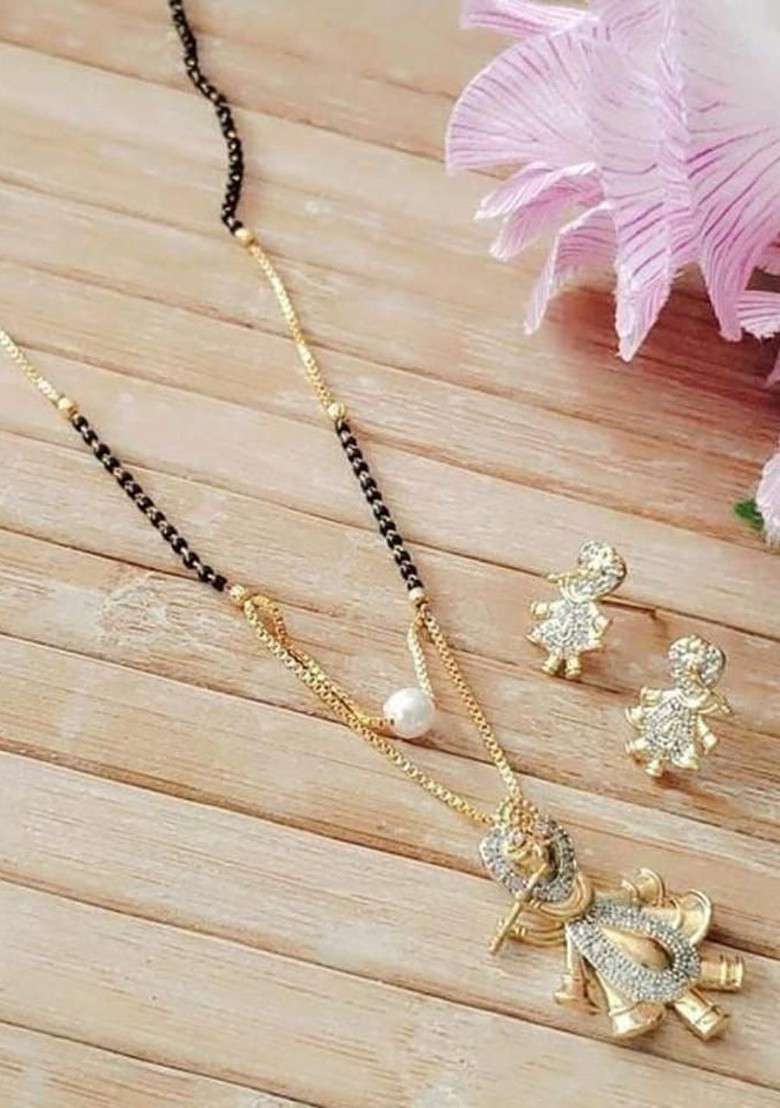 Gold Beaded Gold Plated Mangalsutra With Earrings - Indya
