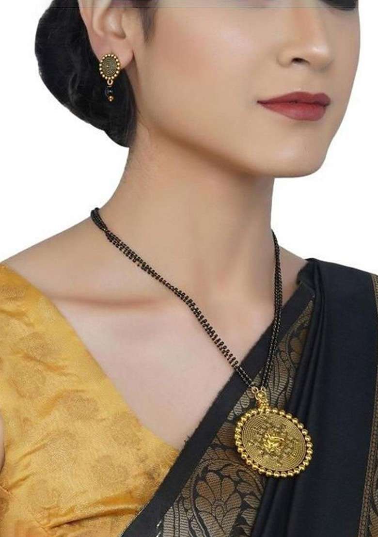 Gold Beaded Gold Plated Mangalsutra With Earrings - Indya