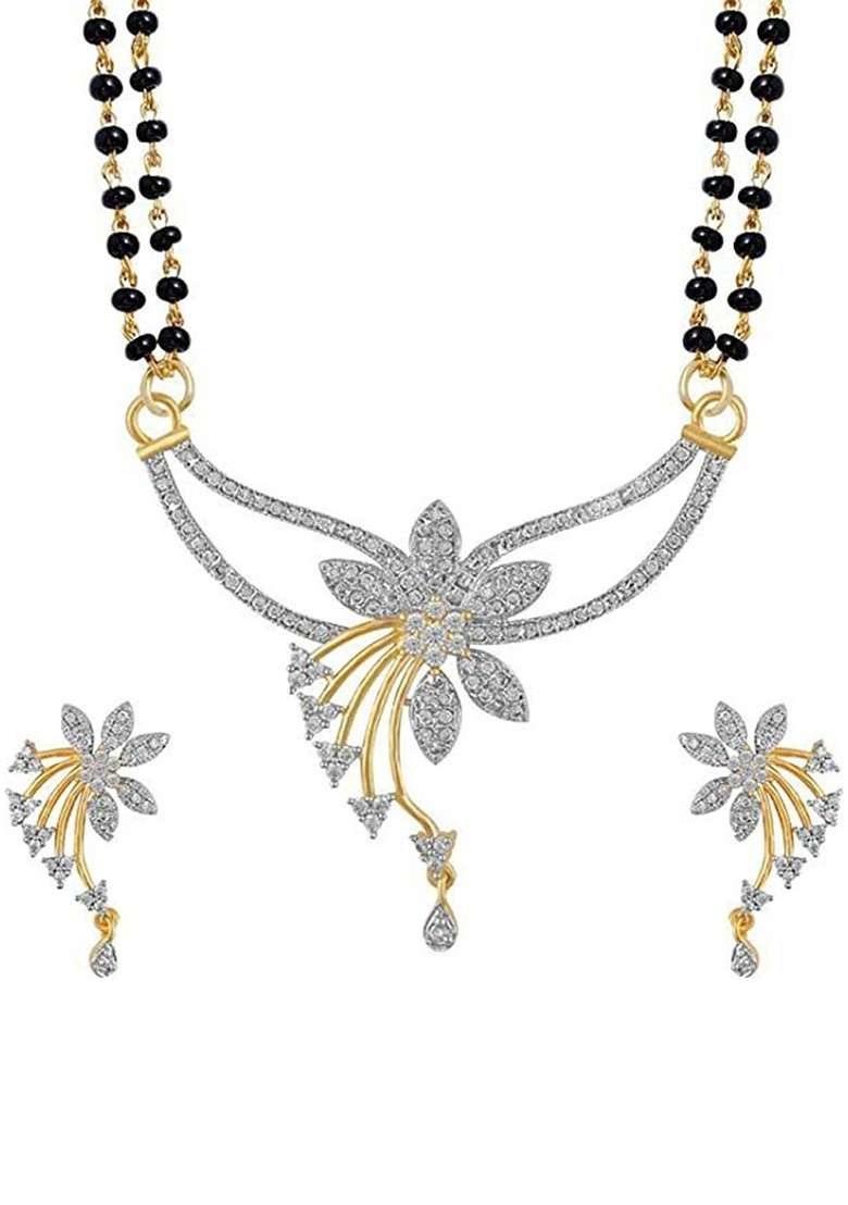 Silver Beaded Silver Plated Mangalsutra With Earrings - Indya