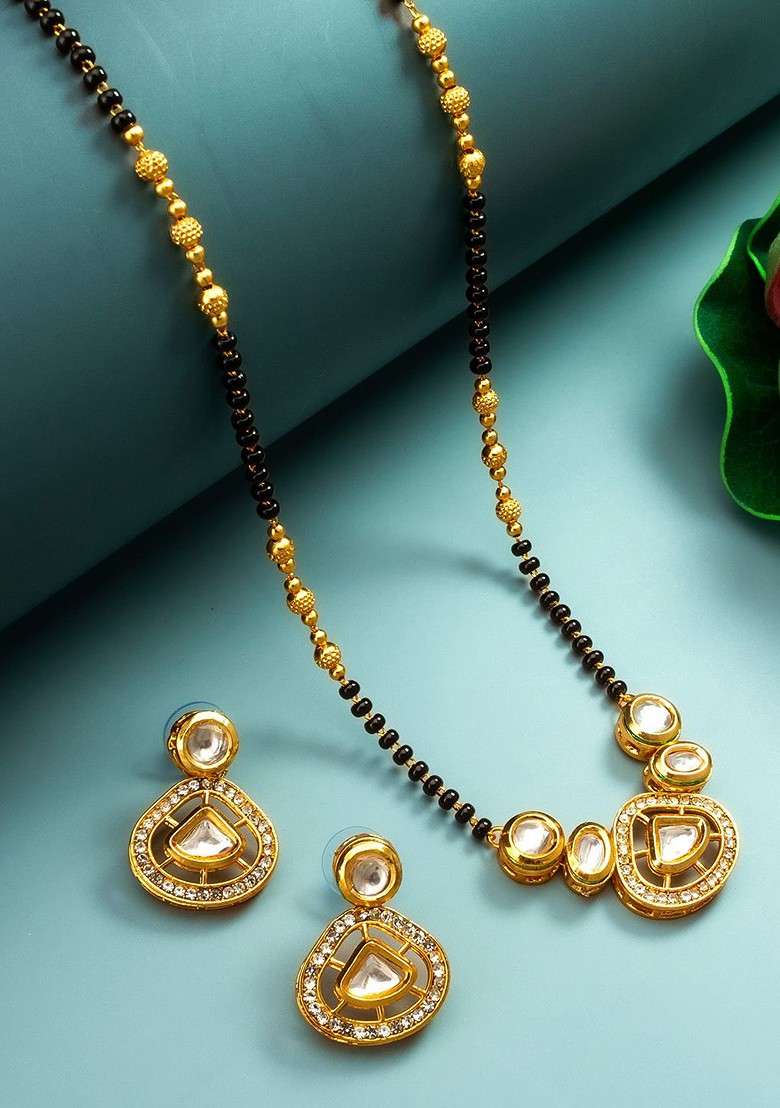 Gold Plated Kundan Stone Studded And Beaded Mangalsutra - Indya