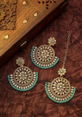 Turquoise Blue Gold Plated Kundan Studded Maang Tika And Earrings Set