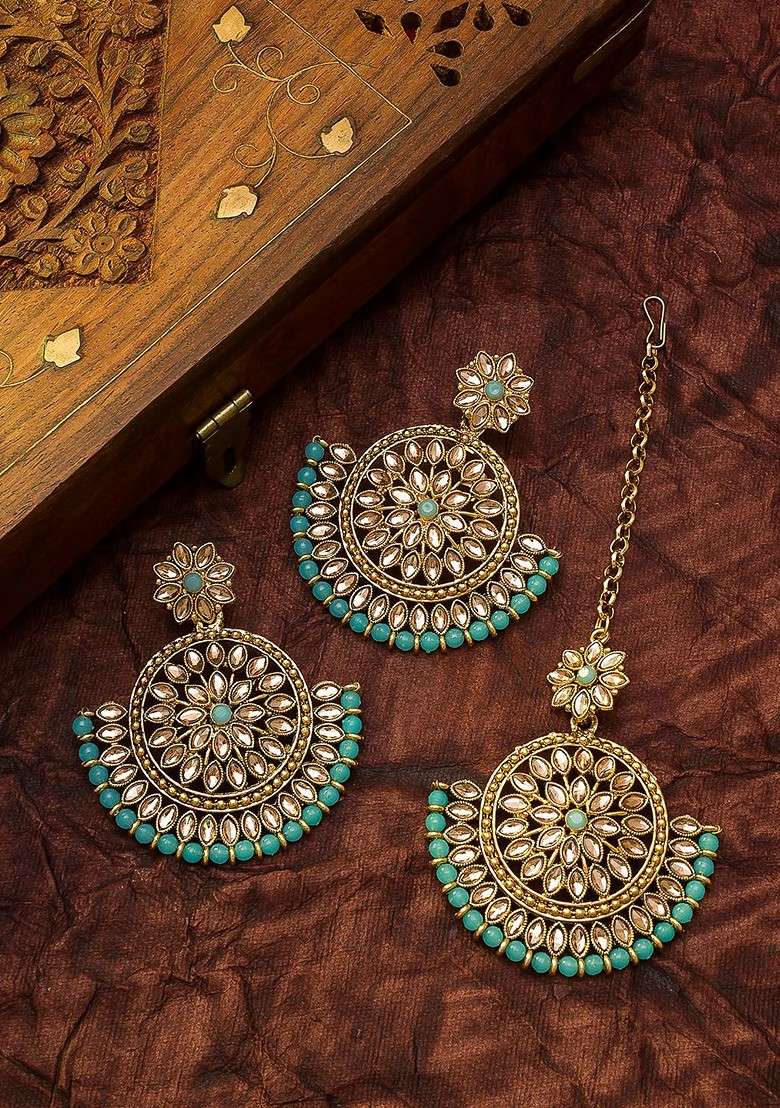 Turquoise Blue Gold Plated Kundan Studded Maang Tika And Earrings Set - Indya