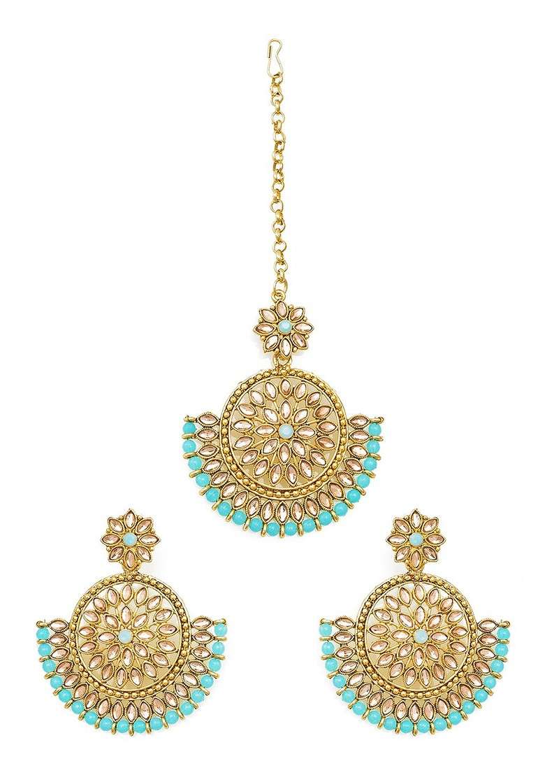 Turquoise Blue Gold Plated Kundan Studded Maang Tika And Earrings Set - Indya