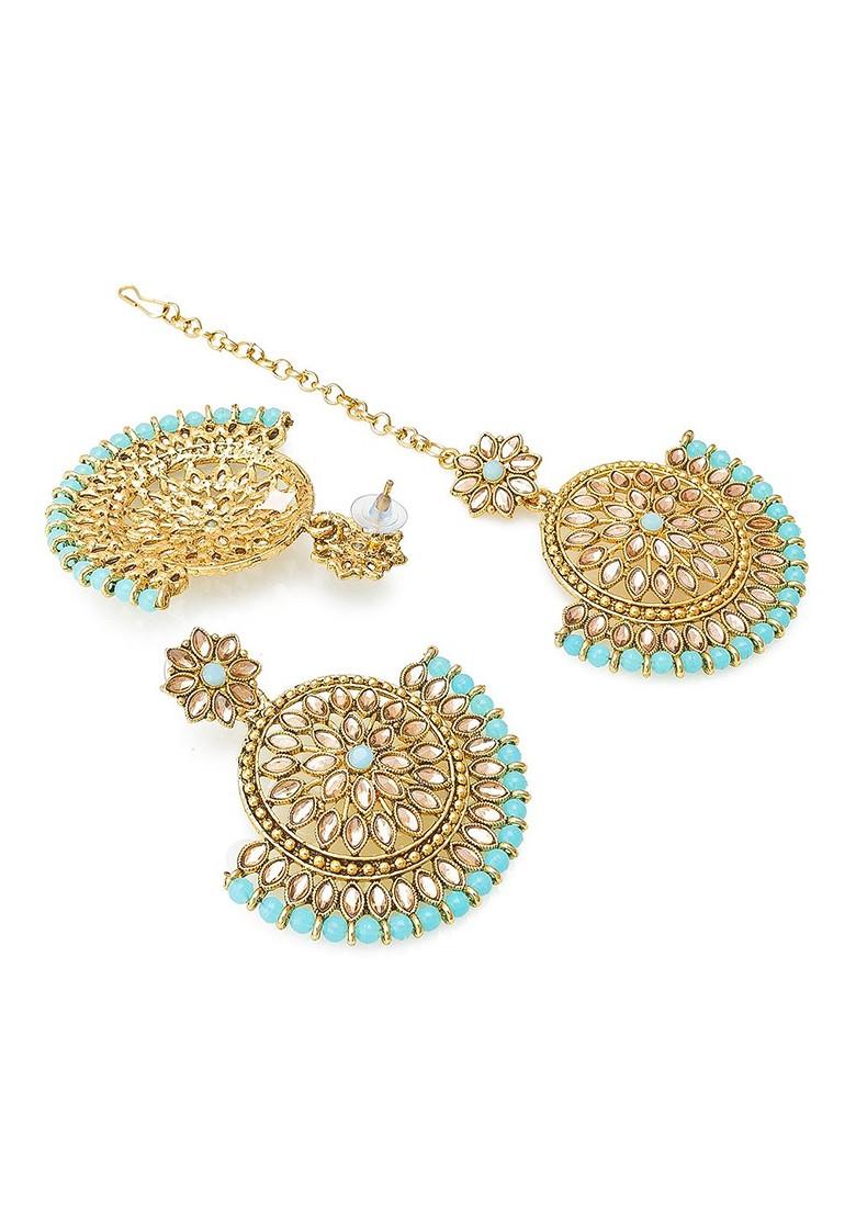 Turquoise Blue Gold Plated Kundan Studded Maang Tika And Earrings Set