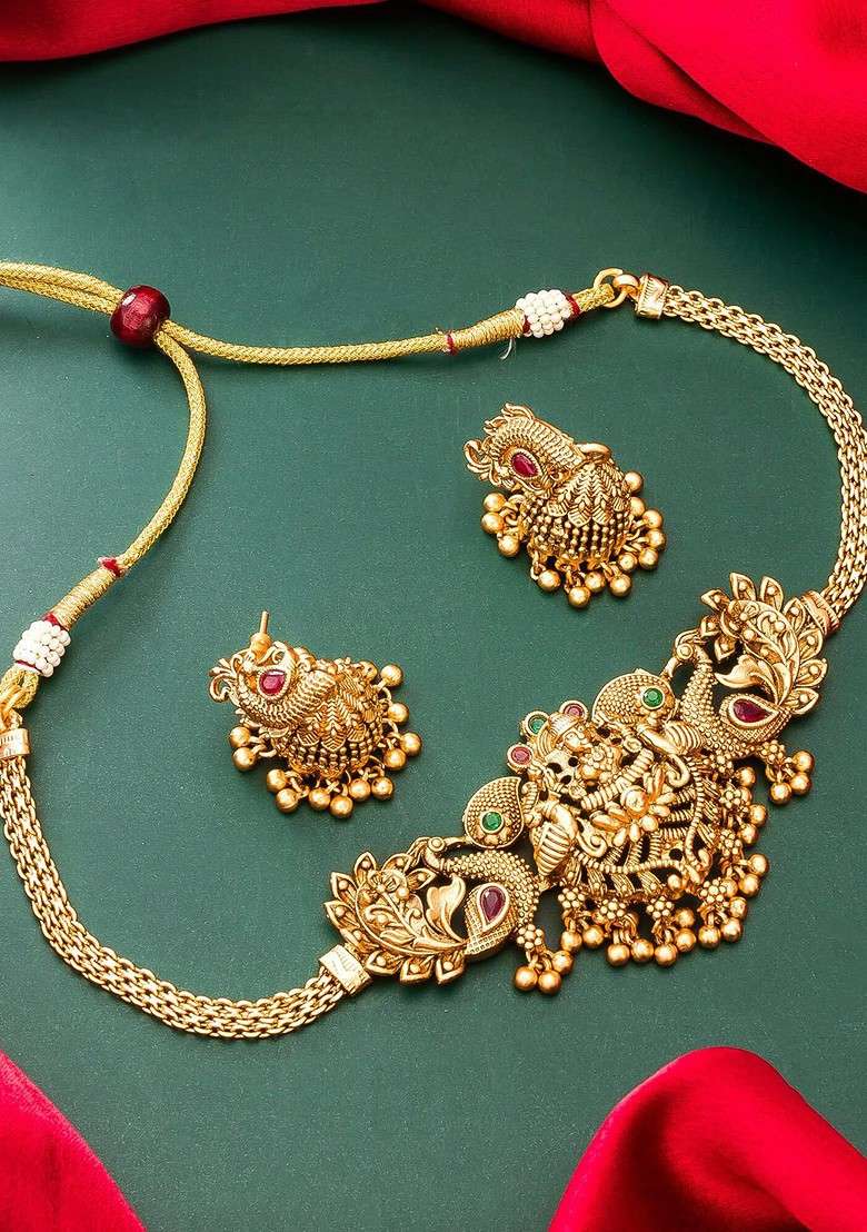 Gold Plated Stones Studded And Beads Beaded Temple Jewellery Set - Indya