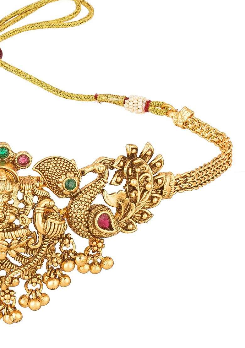 Gold Plated Stones Studded And Beads Beaded Temple Jewellery Set - Indya