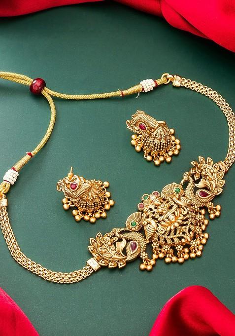 Gold Plated Stones Studded And Beads Beaded Temple Jewellery Set