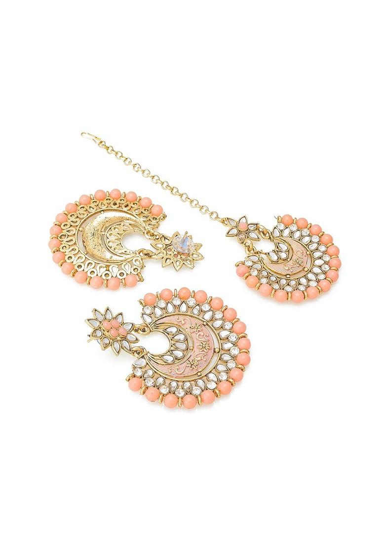 Peach Gold Plated Kundan Studded Maang Tika And Earrings Set