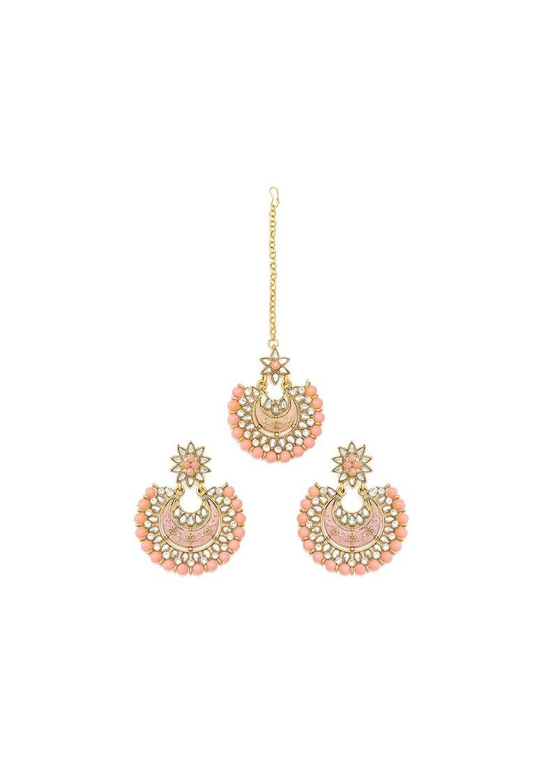Peach Gold Plated Kundan Studded Maang Tika And Earrings Set