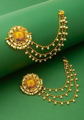 Gold Plated Stones Studded And Beaded Circular Studs Earrings With Hair Chains
