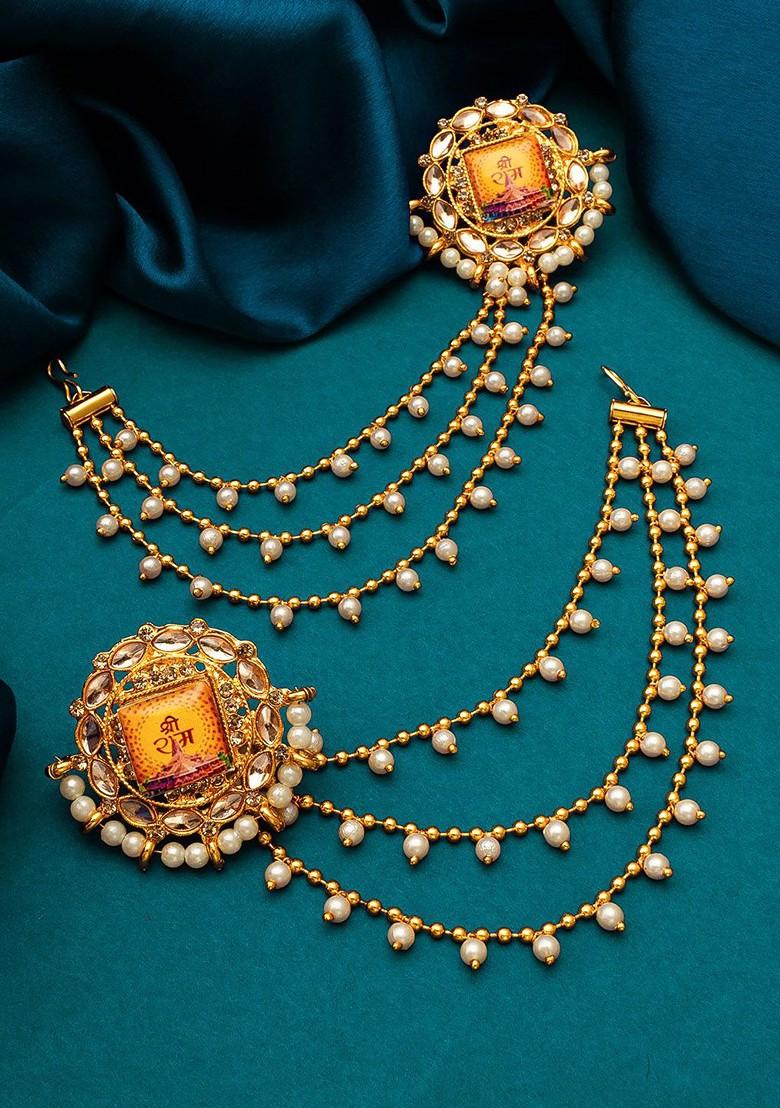 Gold Plated Stones Studded And Beaded Circular Studs Earrings With Hair Chains