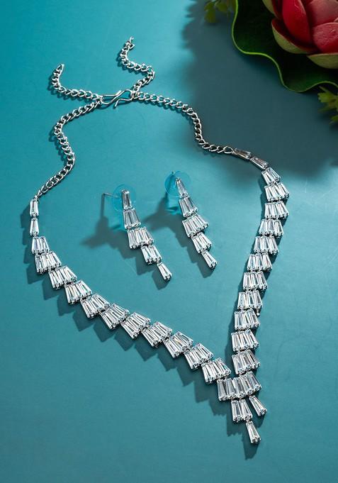 Silver Silver Plated American Diamond Studded Jewellery Set