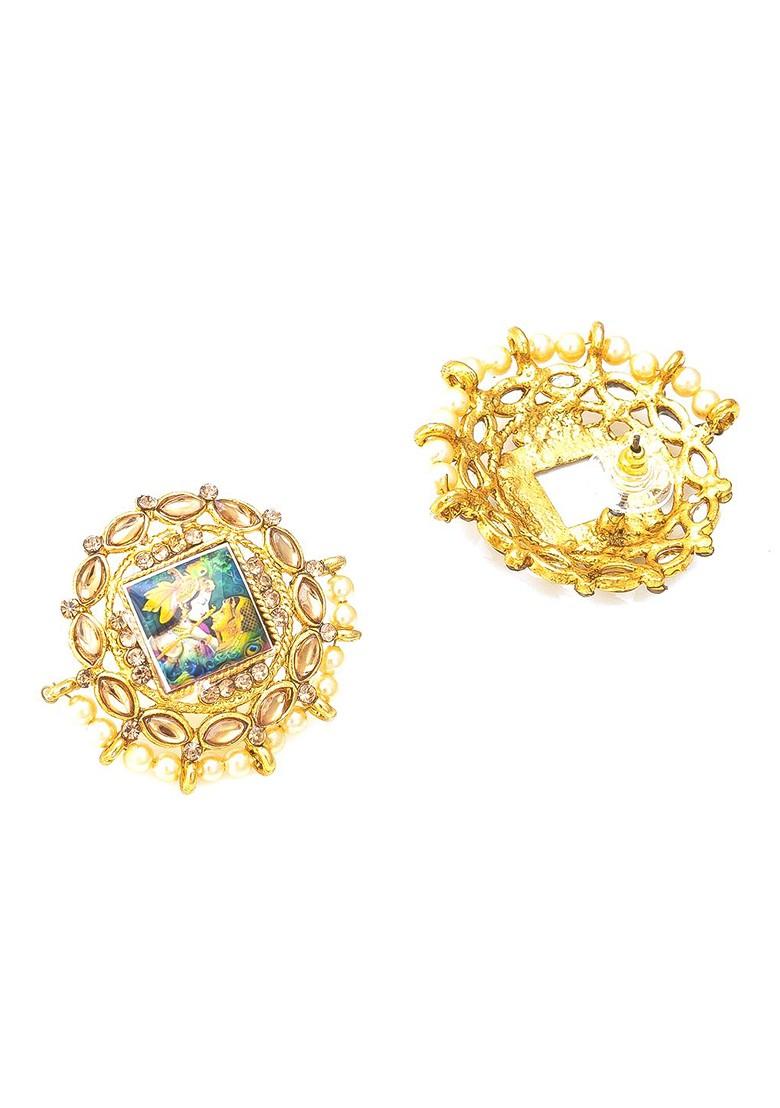 Women Gold Plated Photo Design Pearl Contemporary Studs Earrings