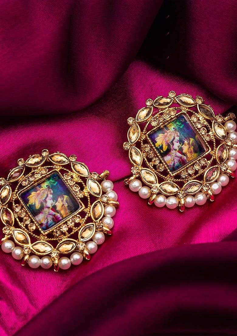 Women Gold Plated Photo Design Pearl Contemporary Studs Earrings - Indya