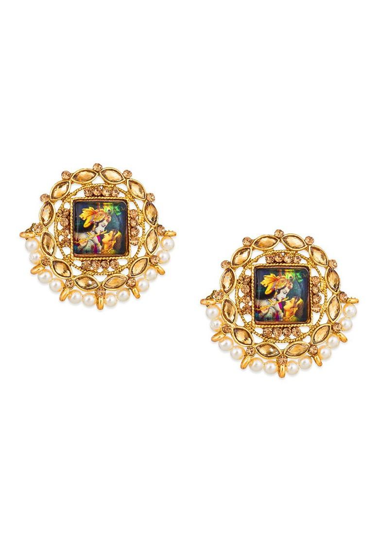Women Gold Plated Photo Design Pearl Contemporary Studs Earrings