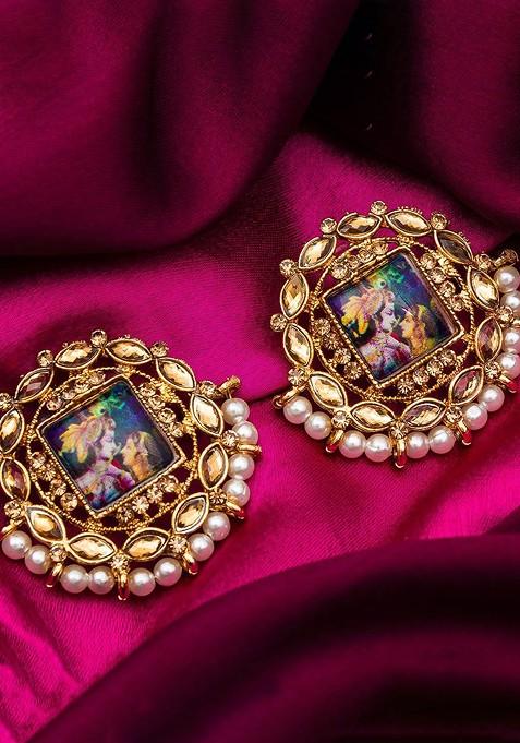 Women Gold Plated Photo Design Pearl Contemporary Studs Earrings