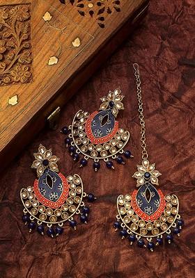 Navy Blue And Red Gold Plated Kundan Studded Maang Tika And Earrings Set