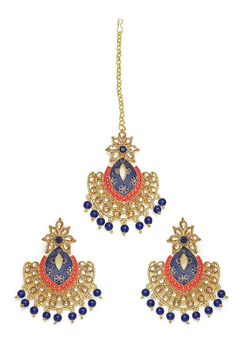 Navy Blue And Red Gold Plated Kundan Studded Maang Tika And Earrings Set