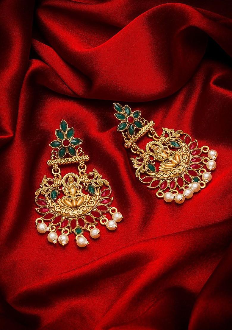 Gold Toned And Red Classic Chandbalis Earrings