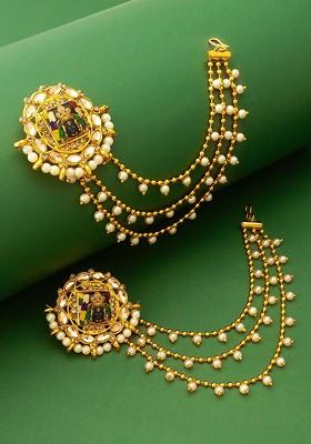 Gold Plated Stones Studded And Beaded Circular Studs Earrings With Hair Chains