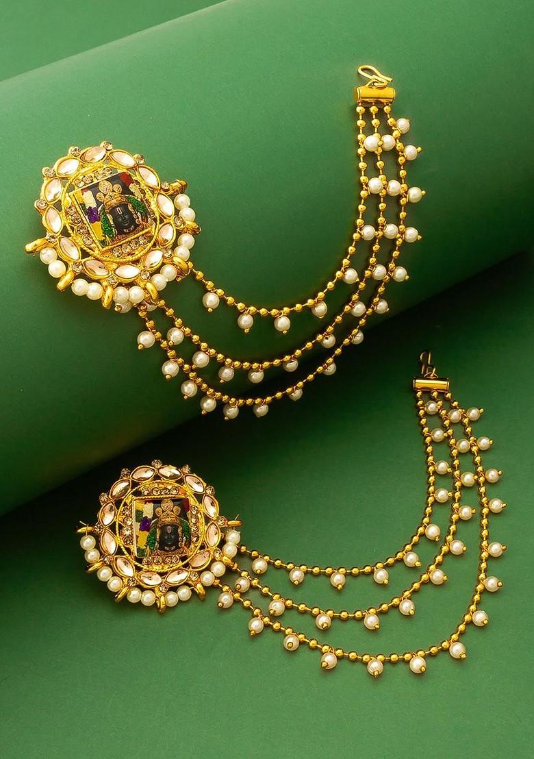 Gold Plated Stones Studded And Beaded Circular Studs Earrings With Hair Chains