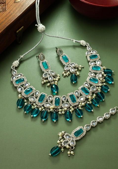 Silver Silver Plated Stone Studded And Beaded Jewellery Set