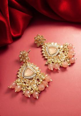 Gold Plated Pearl Kundan Studded Geometric Drop Earrings