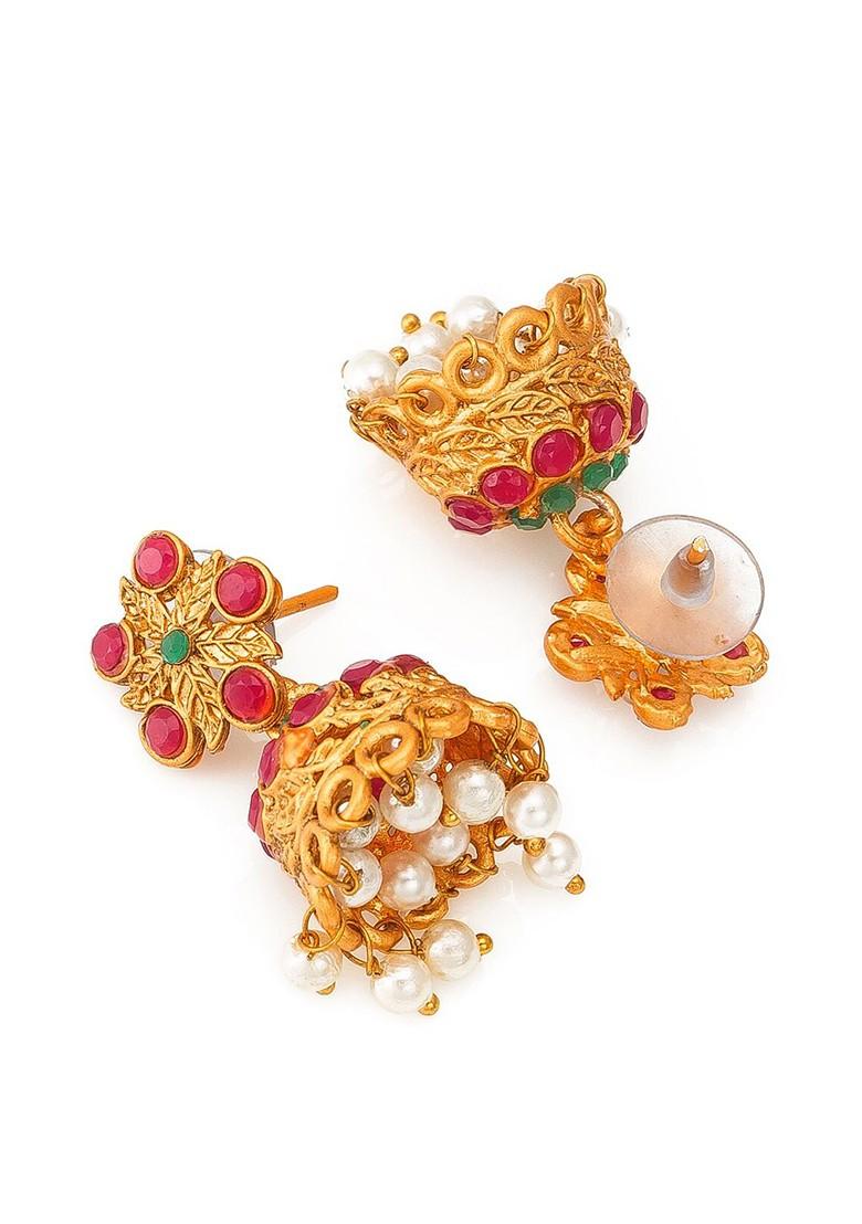 Gold Plated Pink Green Stone Studded Pearl Beaded Matinee Temple Jewelry Set