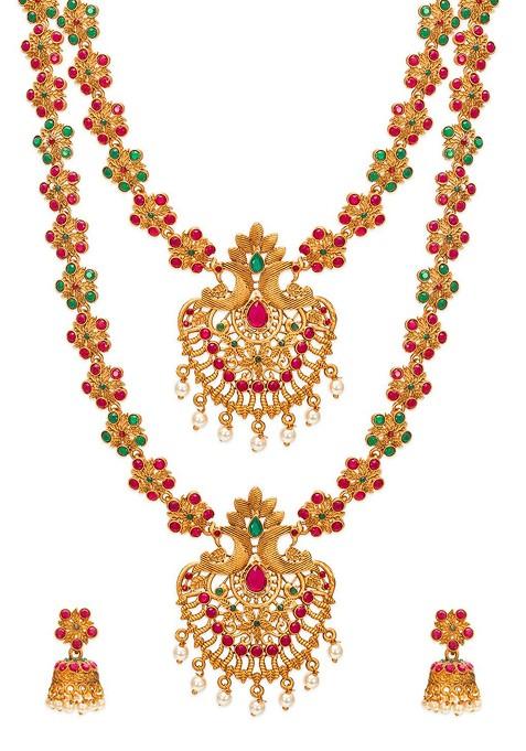 Gold Plated Pink Green Stone Studded Pearl Beaded Matinee Temple Jewelry Set