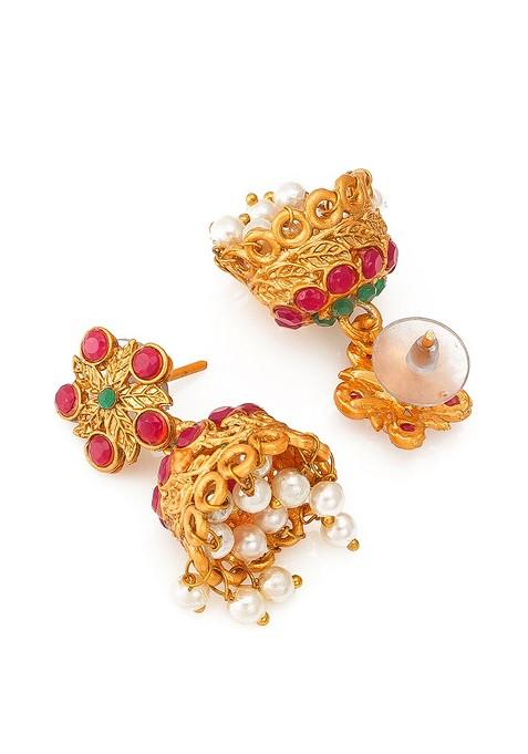 Gold Plated Pink Green Stone Studded Pearl Beaded Matinee Temple Jewelry Set