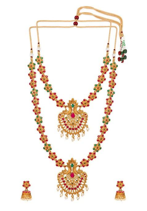 Gold Plated Pink Green Stone Studded Pearl Beaded Matinee Temple Jewelry Set