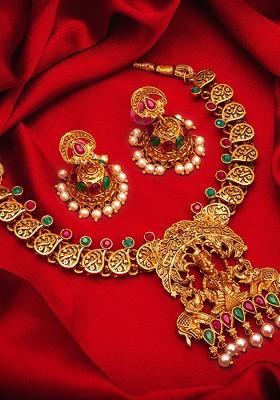 Gold Plated Green And Magenta Pink Stone Studded And Pearl Beaded Temple Jewellery Set