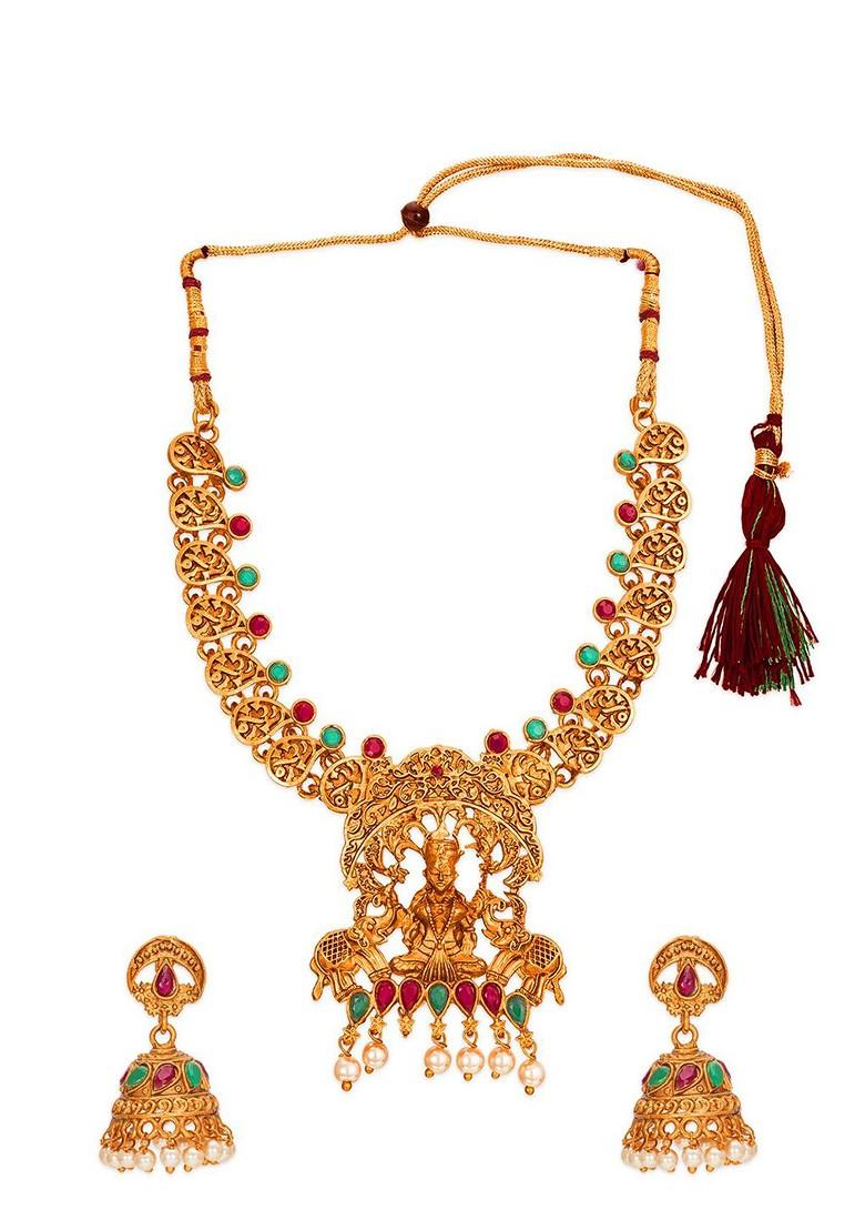 Gold Plated Green And Magenta Pink Stone Studded And Pearl Beaded Temple Jewellery Set