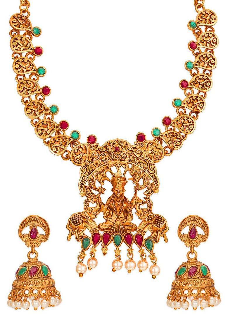Gold Plated Green And Magenta Pink Stone Studded And Pearl Beaded Temple Jewellery Set