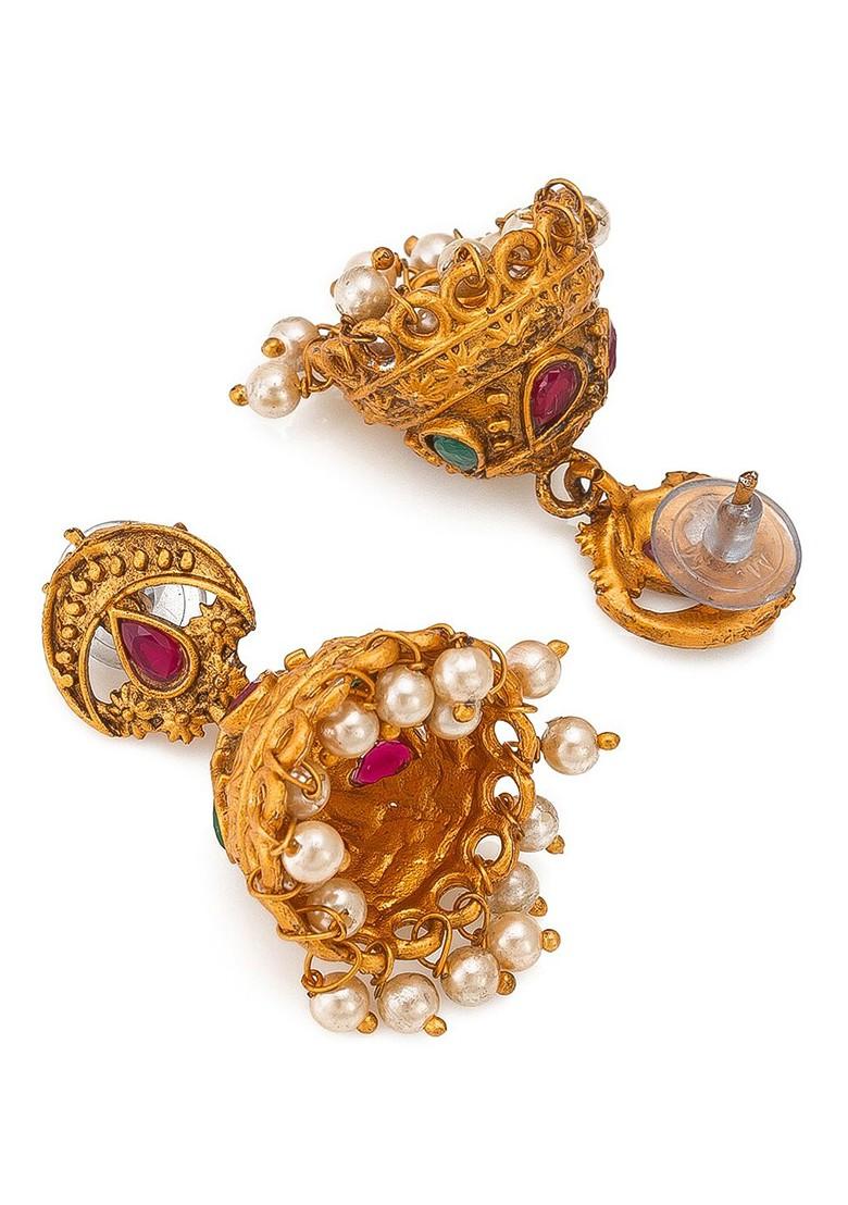 Gold Plated Green And Magenta Pink Stone Studded And Pearl Beaded Temple Jewellery Set