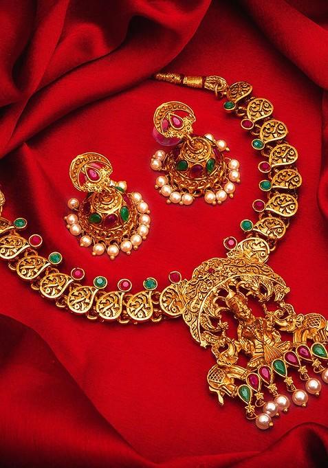 Gold Plated Green And Magenta Pink Stone Studded And Pearl Beaded Temple Jewellery Set