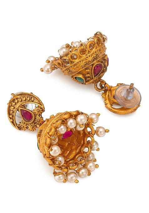 Gold Plated Green And Magenta Pink Stone Studded And Pearl Beaded Temple Jewellery Set