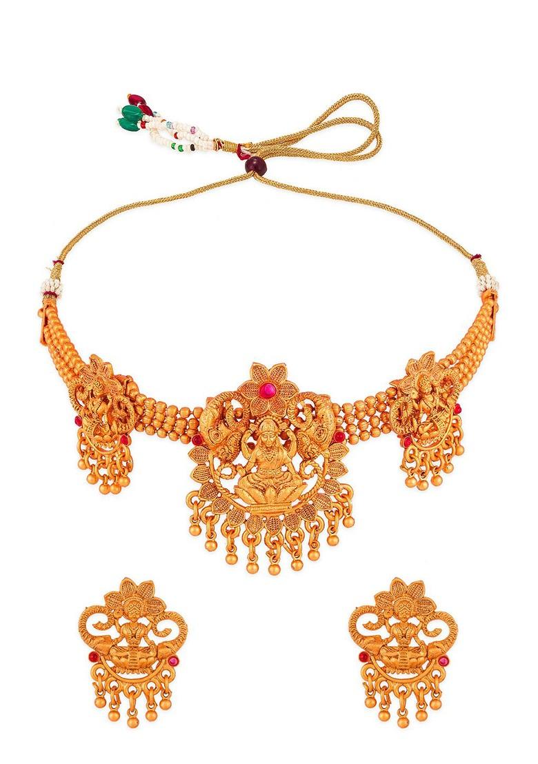 Gold Plated Pink Ruby Studded And Beaded Temple Jewellery Set