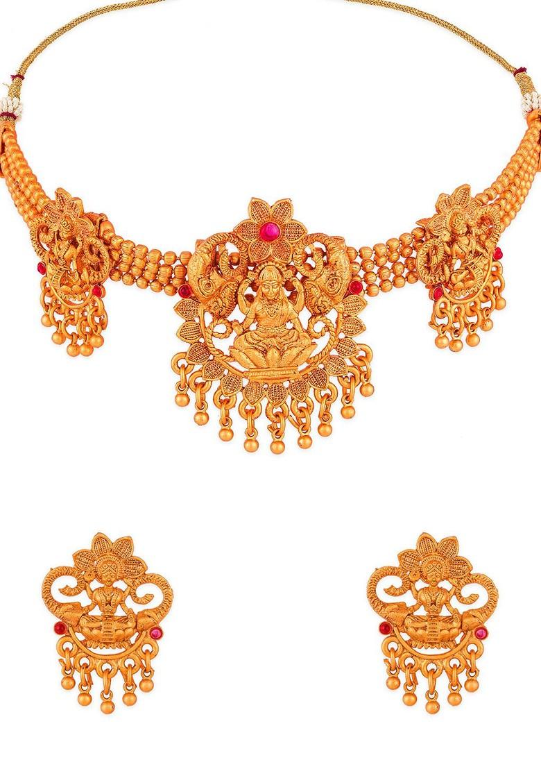 Gold Plated Pink Ruby Studded And Beaded Temple Jewellery Set