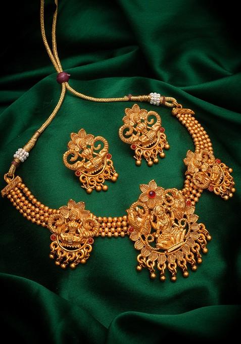Gold Plated Pink Ruby Studded And Beaded Temple Jewellery Set