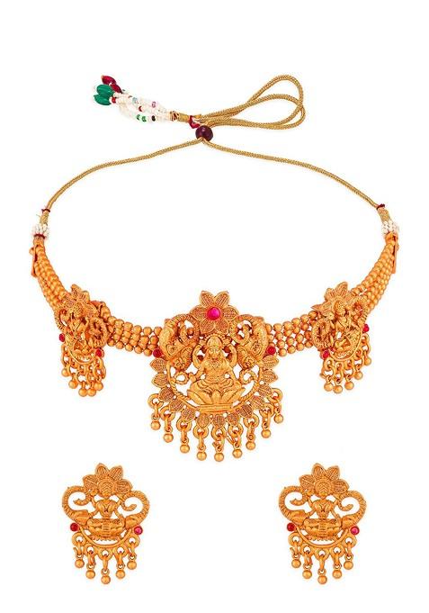 Gold Plated Pink Ruby Studded And Beaded Temple Jewellery Set