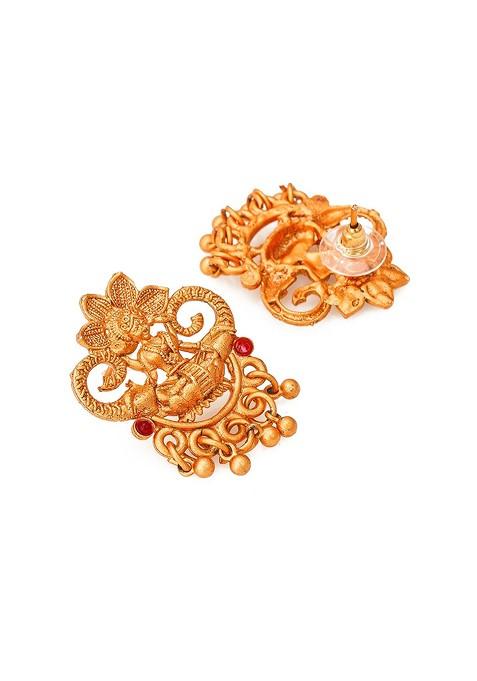 Gold Plated Pink Ruby Studded And Beaded Temple Jewellery Set