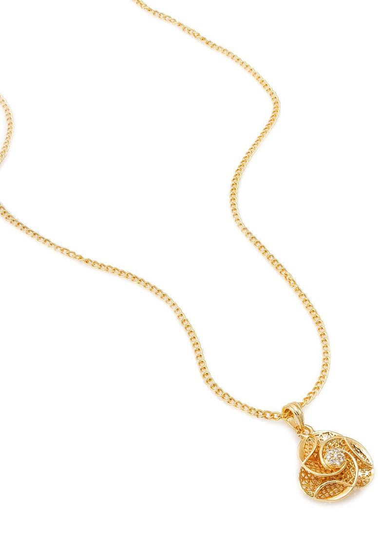 Gold Plated Stone Studded Flower Shaped Pendant With Chain