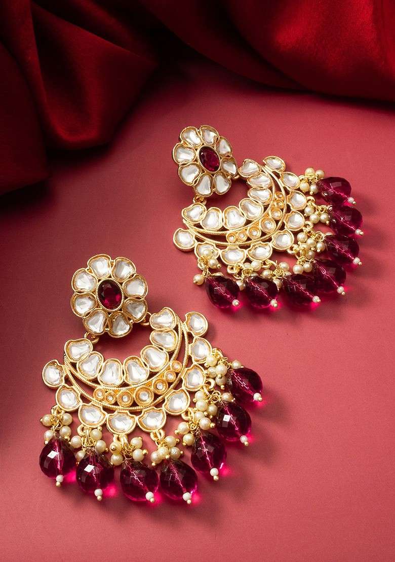 Gold Plated Kundan Studded And Pearl Beaded Drop Earrings - Indya
