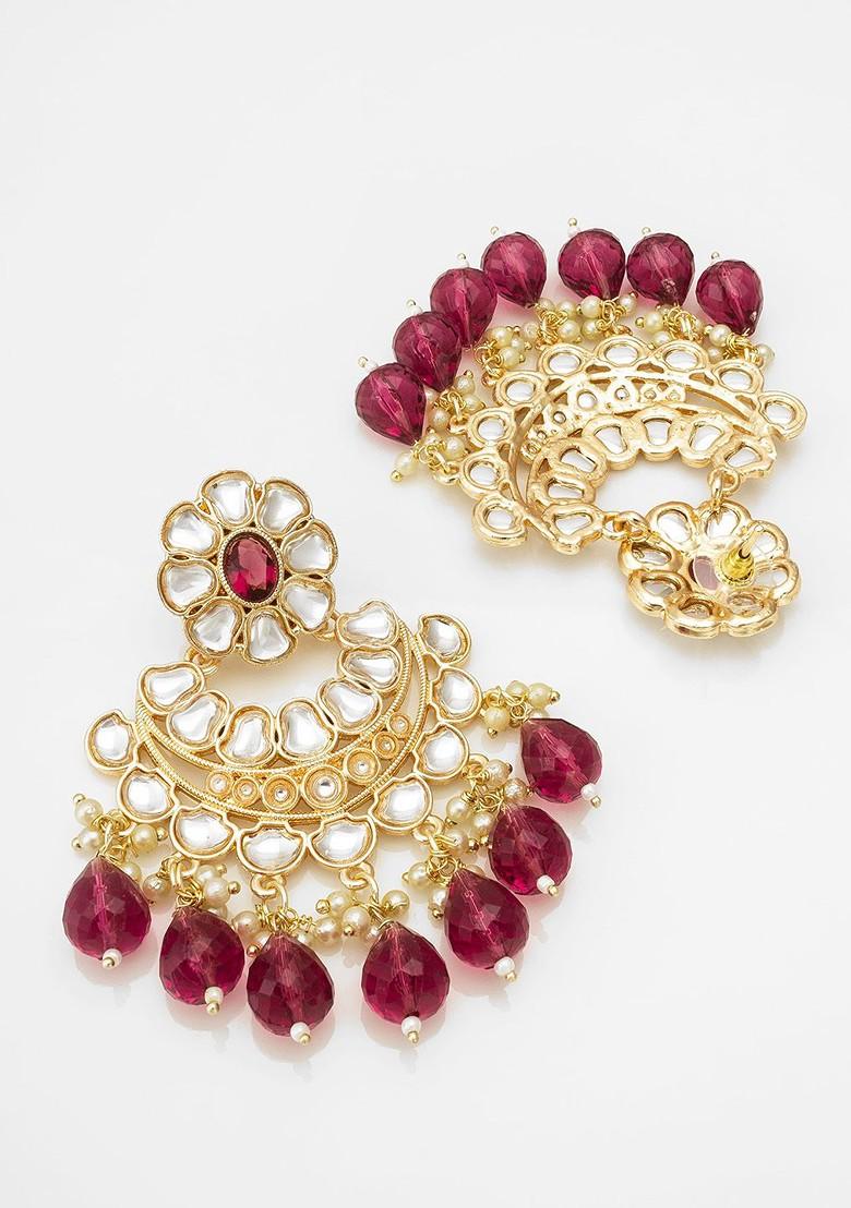 Gold Plated Kundan Studded And Pearl Beaded Drop Earrings